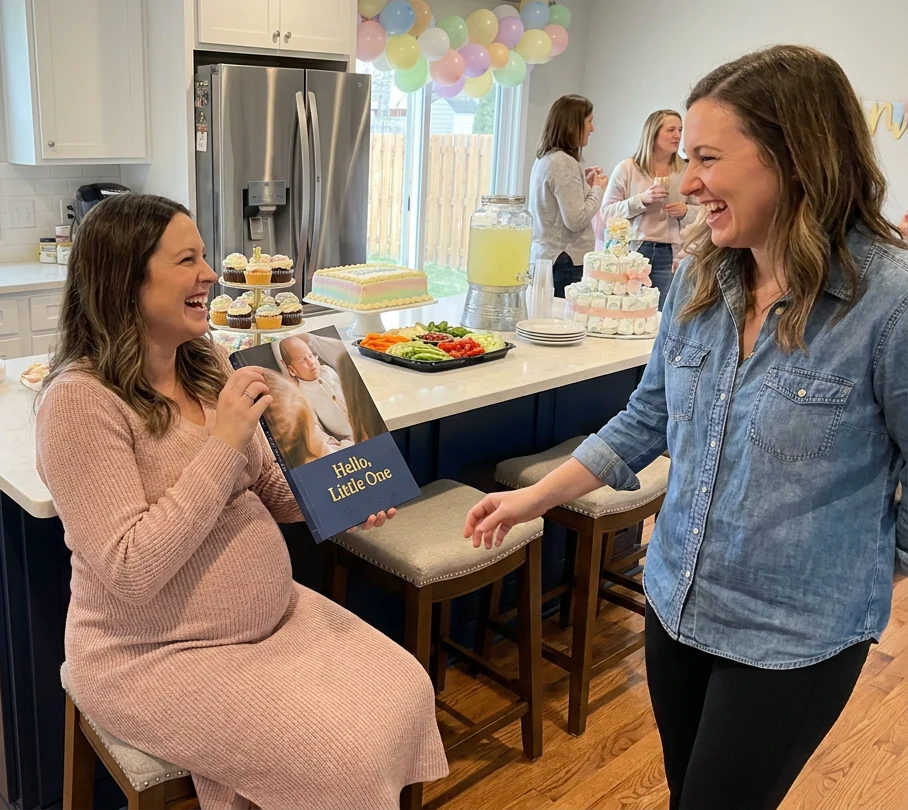 A mom-to-be laughing as she holds up her Littlebound book at her baby shower
