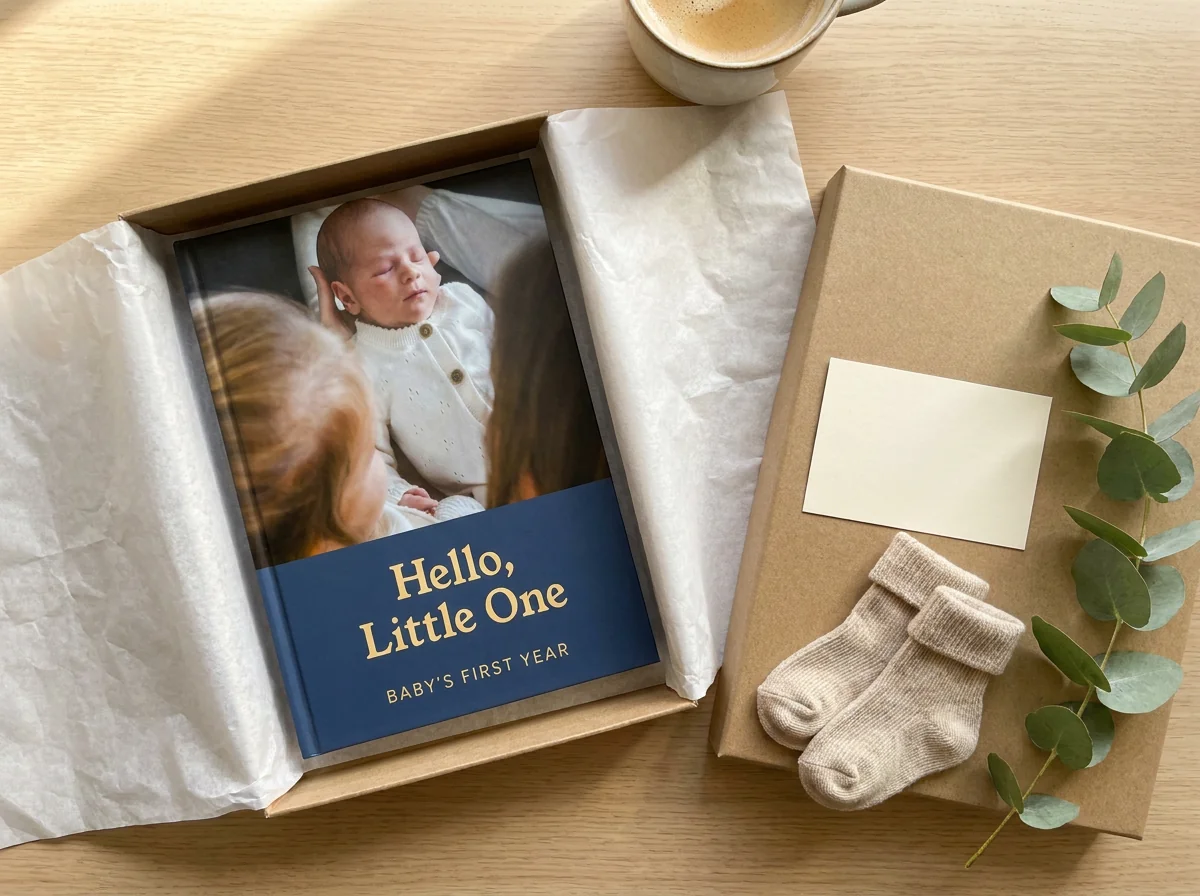A Hello, Little One book in an open gift box with tissue paper, baby socks and eucalyptus