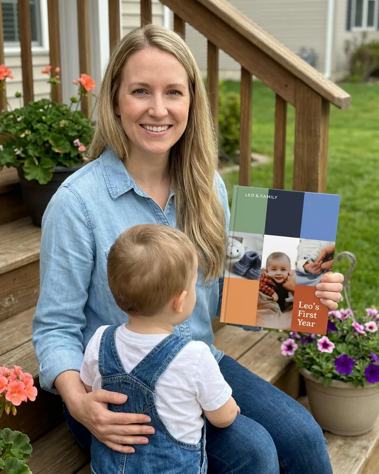 Mom on the porch steps holding her Leo&rsquo;s First Year book with her son on her lap