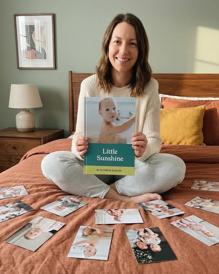 Mom on her bed with baby photos, holding her Little Sunshine book