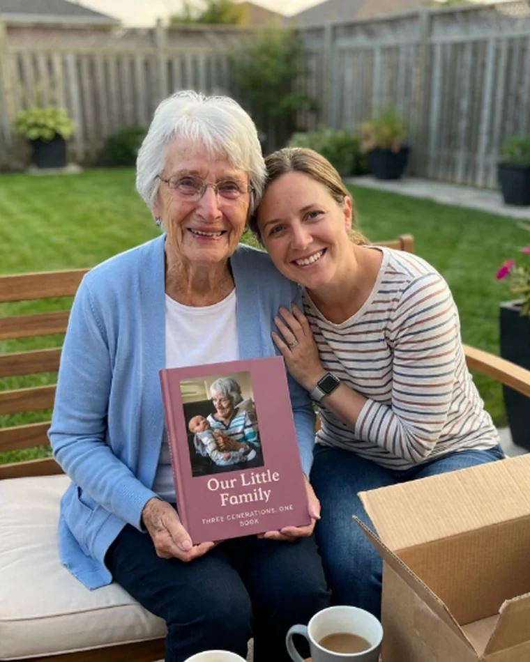 Mother and daughter in the backyard with their Our Little Family book